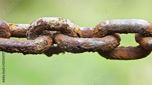 A close-up image of a rusty chain link against a blurred green background, highlighting the weathered texture and details of the metal photo