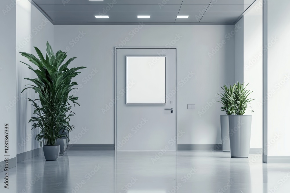 Fototapeta premium design layout of a sign hanging on a white office door, close-up of the door, 3d visualization, interior of an office hall with a sign on the door