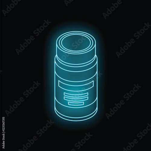 Glowing neon blue illustration of a medicine container on a black background