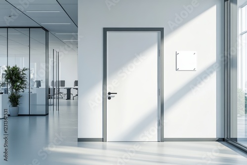 design layout of a sign hanging on a white office door, close-up of the door, 3d visualization, interior of an office hall with a sign on the door