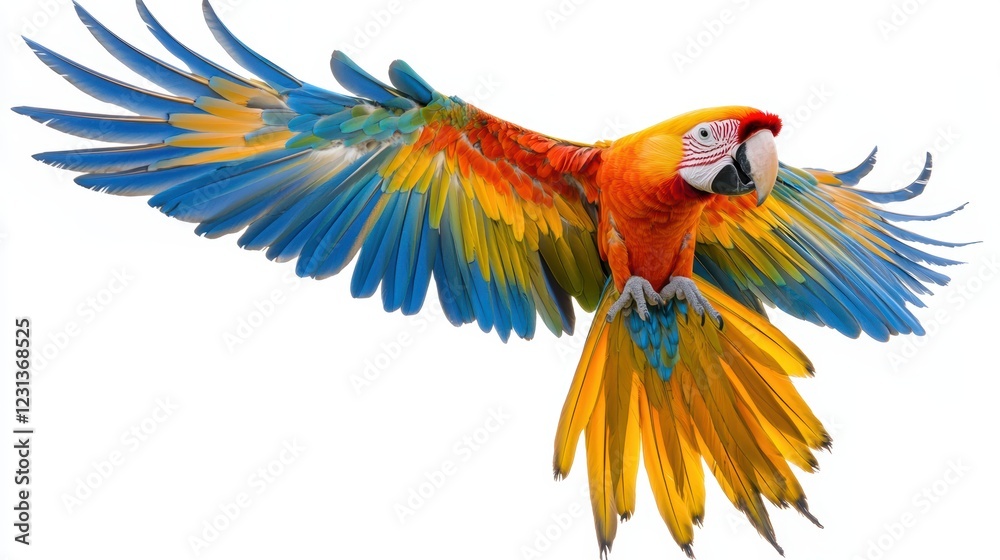 Fototapeta premium Colorful macaw parrot with vibrant feathers isolated on white background, ideal for tropical and exotic design projects.