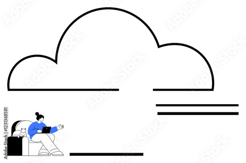 Woman sitting on a sofa with a laptop, symbolic oversized cloud overhead. Ideal for remote work, cloud computing, data storage, connectivity, virtual office, minimalism, abstract line flat metaphor