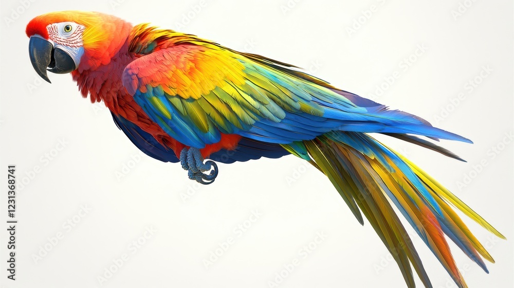 Fototapeta premium Colorful macaw parrot with vibrant feathers isolated on white background, ideal for tropical and exotic design projects.