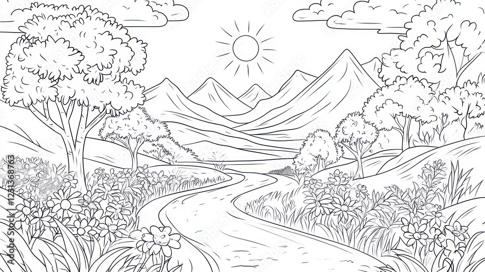 Winding road through mountain valley, sunlit meadow; coloring book page Winding road through mountain valley, sunlit meadow; coloring book page