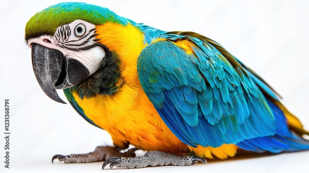 Fototapeta premium Colorful macaw parrot with vibrant feathers isolated on white background, ideal for tropical and exotic design projects.