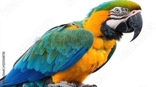 Colorful macaw parrot with vibrant feathers isolated on white background, ideal for tropical and exotic design projects.