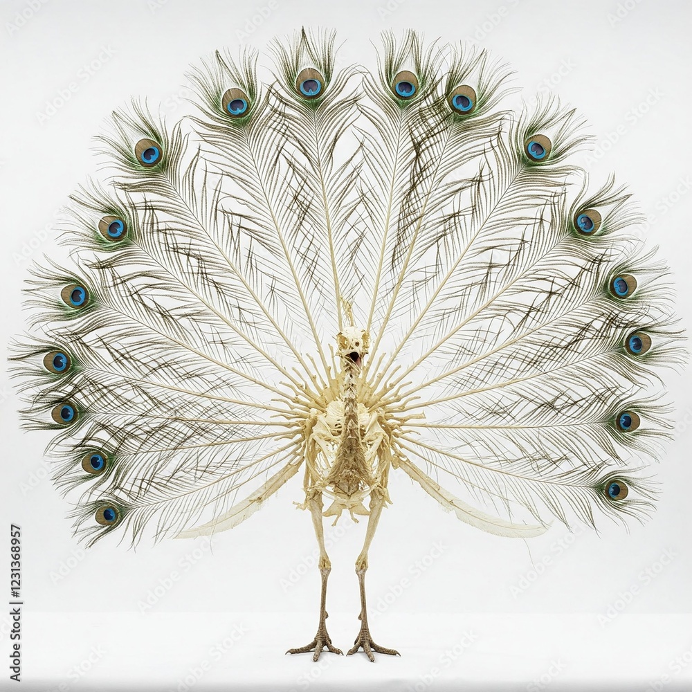 Obraz premium peacock skeleton with beautiful tail feathers isolated on white background