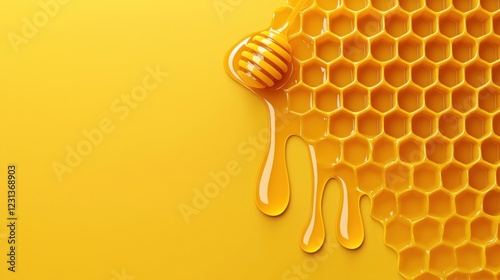 Golden honey dripping from a honeycomb on a vibrant background
