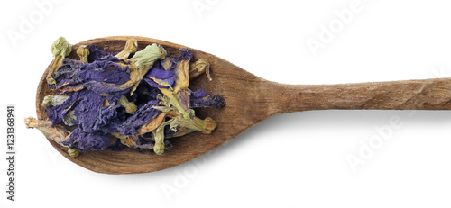 Spoon with butterfly pea flower tea isolated on white, top view photo