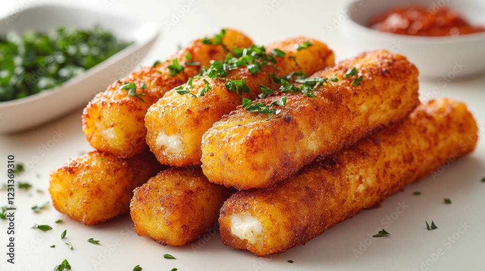 a delicious serving of crispy mozzarella sticks garnished with chopped parsley a delicious serving of crispy mozzarella sticks garnished with chopped parsley