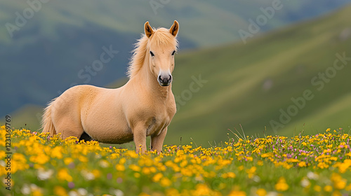 Palomino horse in mountain meadow, wildflowers background, idyllic scene, equine photography