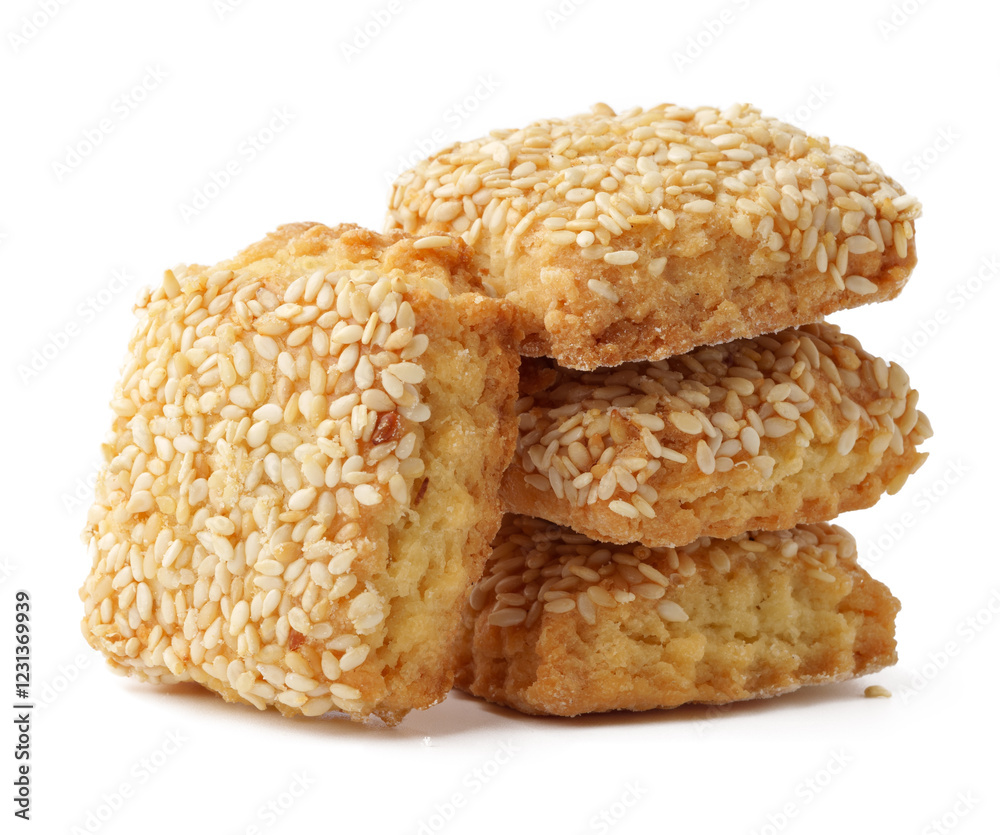Crispy sesame seed cookies stacked together on a plain background for a delightful snack experience Crispy sesame seed cookies stacked together on a plain background for a delightful snack experience