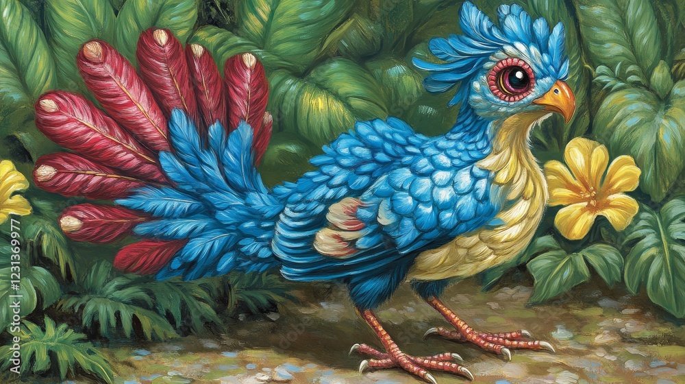 Obraz premium A vibrant, fantastical bird-like creature amidst lush tropical foliage