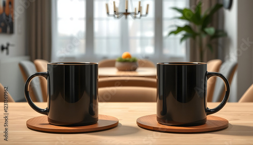 Elegant sleek mug mockup set on a dining room table, ideal for showcasing branding, logos, or custom designs photo