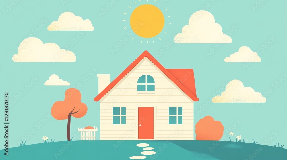 flat vector. house with the sun. on pastel solid background. flat vector. house with the sun. on pastel solid background.