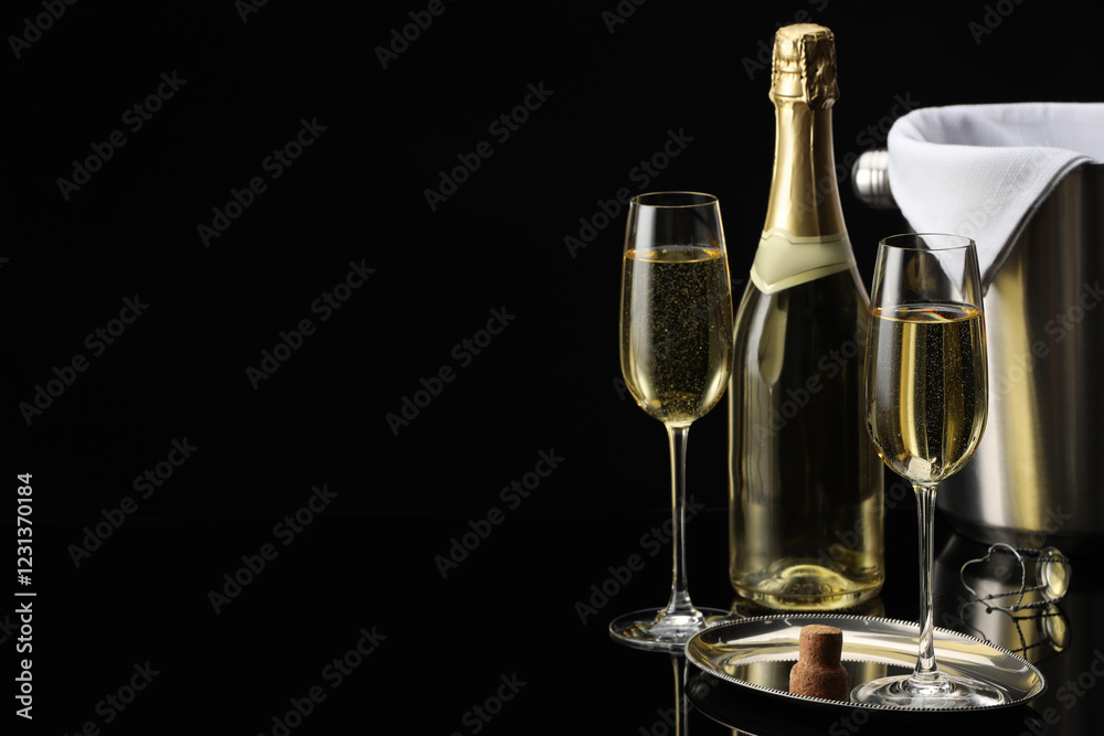 Bottle of sparkling wine, glasses and cooler bucket on black mirror surface. Space for text Bottle of sparkling wine, glasses and cooler bucket on black mirror surface. Space for text