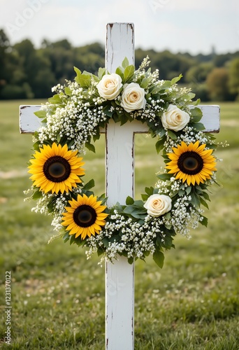 A vibrant memorial wreath adorned with sunflowers and roses, resting on a white cross, evokes peace and remembrance.