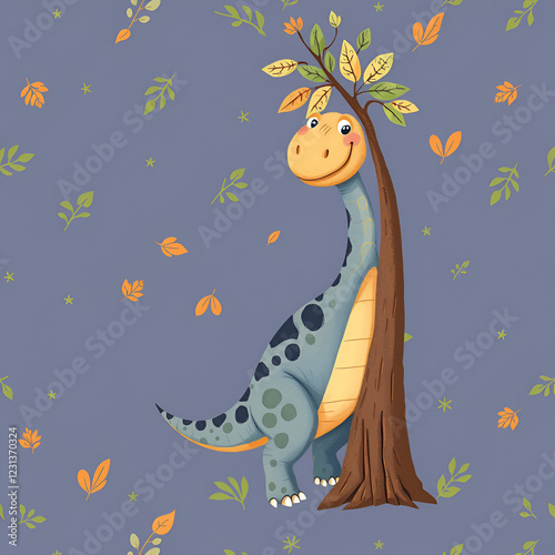 patterns of children's fabrics. Seamless background of textiles, clothing, wrapping gift paper A brontosaurus carefully reaches for leaves on top of a tree with a cute smile on its face. photo