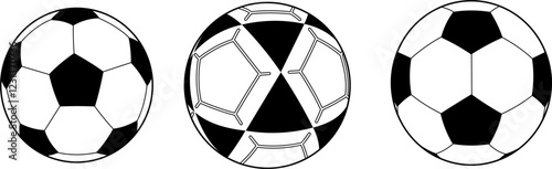 three outline vector illustrations of soccer balls with varying black and white patterns, highlighting different traditional designs