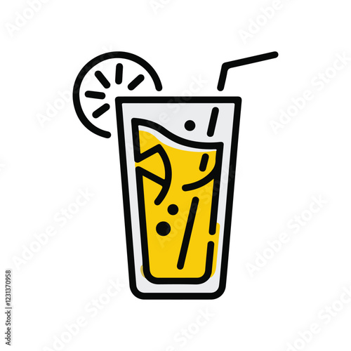 Minimalist Vector Beverage Icon: Tall Glass with Citrus Slice, Bubbles, and Straw - Bold Lines, Modern Drink Design for Refreshment Branding