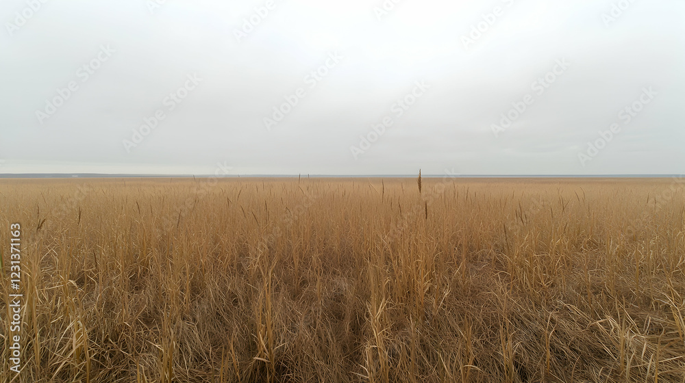 Obraz premium Autumnal grassland under overcast sky, wide shot