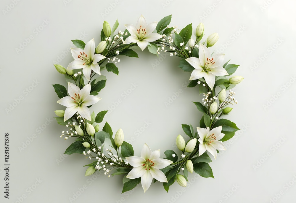 A serene memorial wreath adorned with white lilies and delicate greenery, symbolizing peace and remembrance. A serene memorial wreath adorned with white lilies and delicate greenery, symbolizing peace and remembrance.