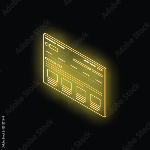 Glowing yellow website wireframe showing user interface design on a black background