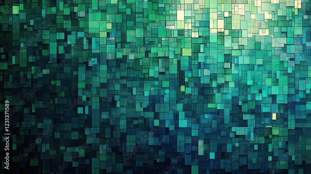 Teal pixel mosaic backdrop, digital art, glowing center Teal pixel mosaic backdrop, digital art, glowing center