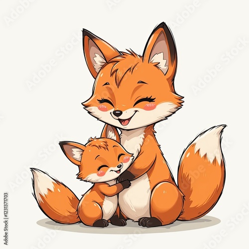 Happy cute cartoon animal fox mom hugging fox baby. White isolated background. Illustration for children's books and fairy tales.