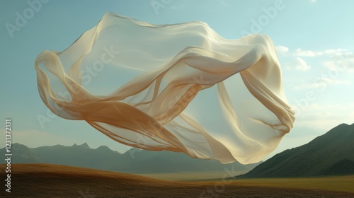 Light gauzy fabrics streaming gently over a still desert photo