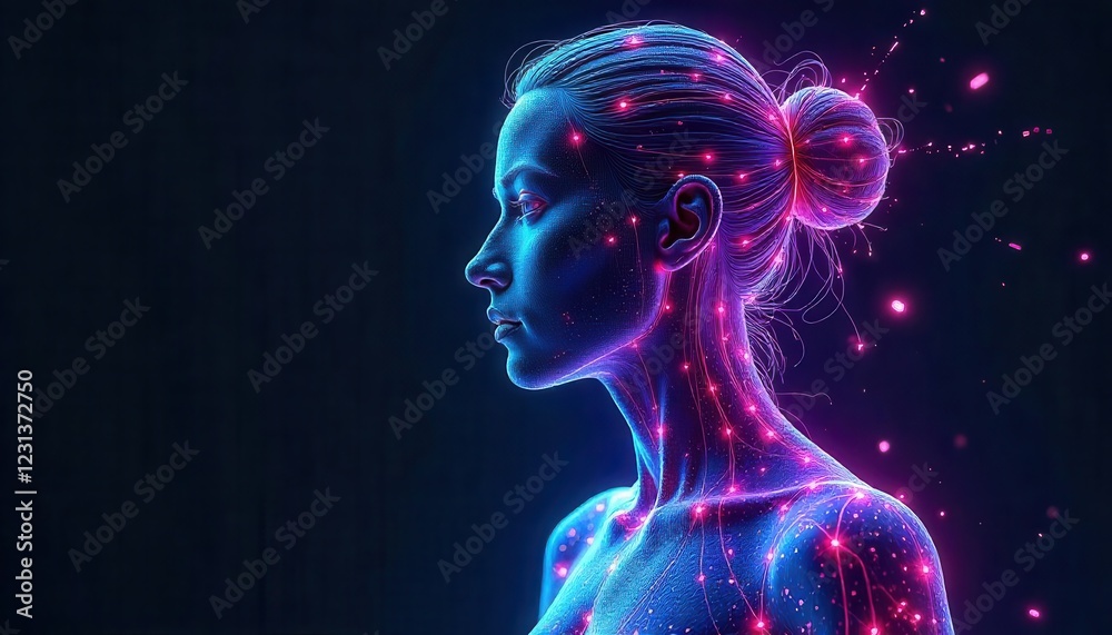 Naklejka premium Ethereal portrait of a woman surrounded by glowing particles digital art dark background futuristic concept
