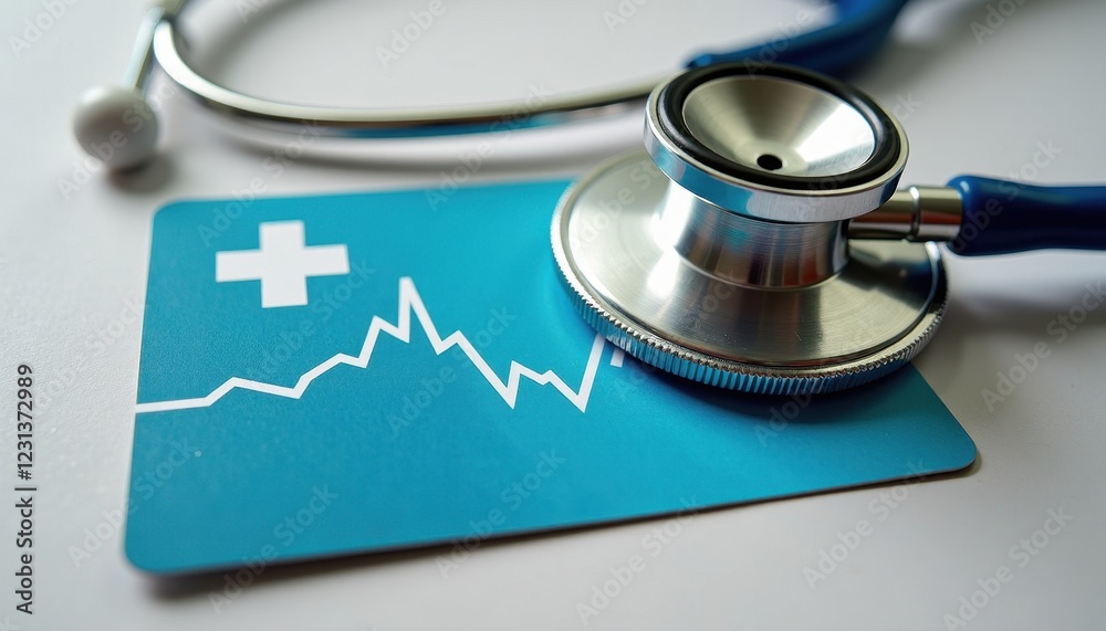 Stethoscope on Blue Card with White Cross Symbol and Graph Background Stethoscope on Blue Card with White Cross Symbol and Graph Background