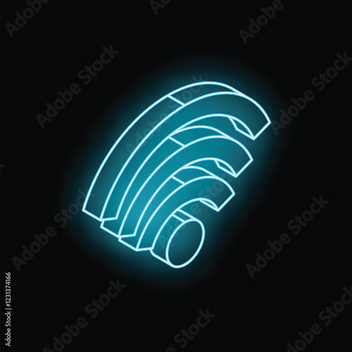 Bright glowing neon blue wireless internet wifi symbol radiating on a dark black background