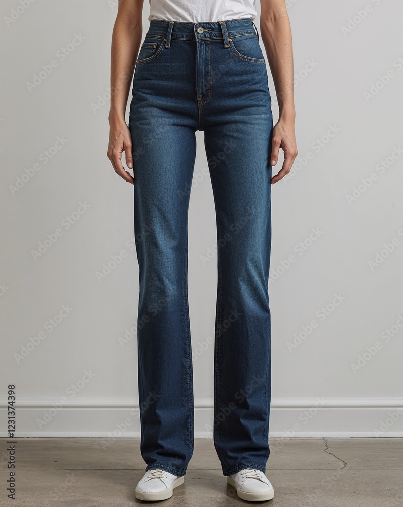 Dark denim blue straight leg jeans display on plain white background Dark denim blue straight leg jeans display on plain white background