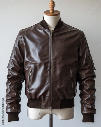 Dark brown faux leather bomber jacket display on plain white background