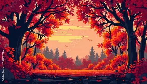 Autumn scenic view of vibrant red leaves serene forest digital artwork tranquil atmosphere nature's beauty photo