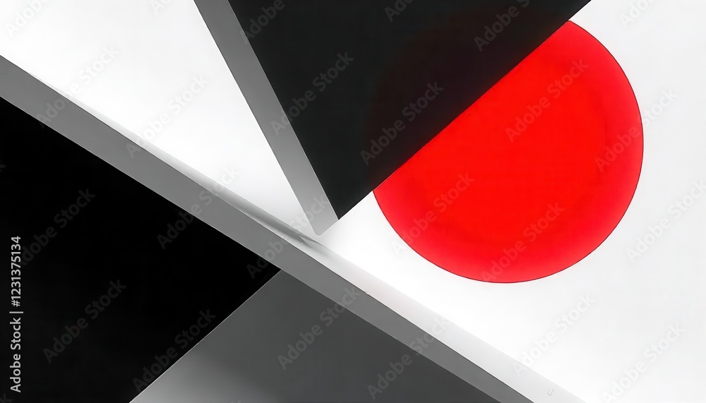Naklejka premium Dynamic geometric composition showcasing red circle and black-white shapes modern artwork abstract space artistic perspective