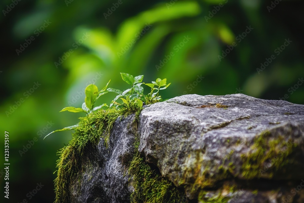 Mossy rock, sprout, jungle backdrop, nature serenity Mossy rock, sprout, jungle backdrop, nature serenity