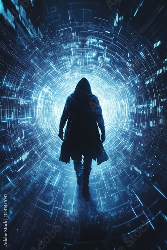 Mysterious Hooded Figure in a Futuristic Data Tunnel - made with Generative AI photo