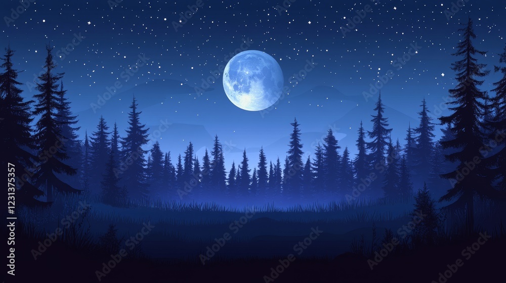Naklejka premium Serene moonlit night in a dense evergreen forest, stars twinkling