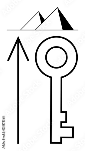 Two pyramids above a line, large key beside upward arrow. Ideal for themes of history, discovery, unlocking, success progress empowerment mysteries. Line metaphor. Line metaphor. Simple line icons