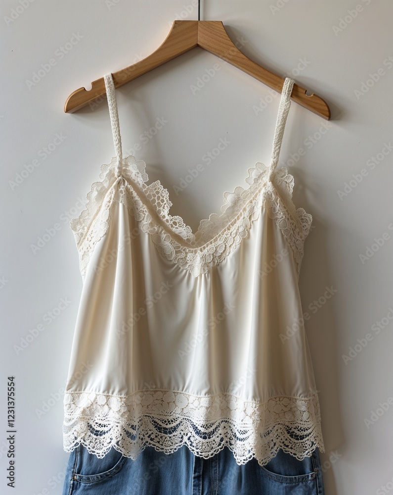 Ivory lace trimmed camisole top display on plain white background