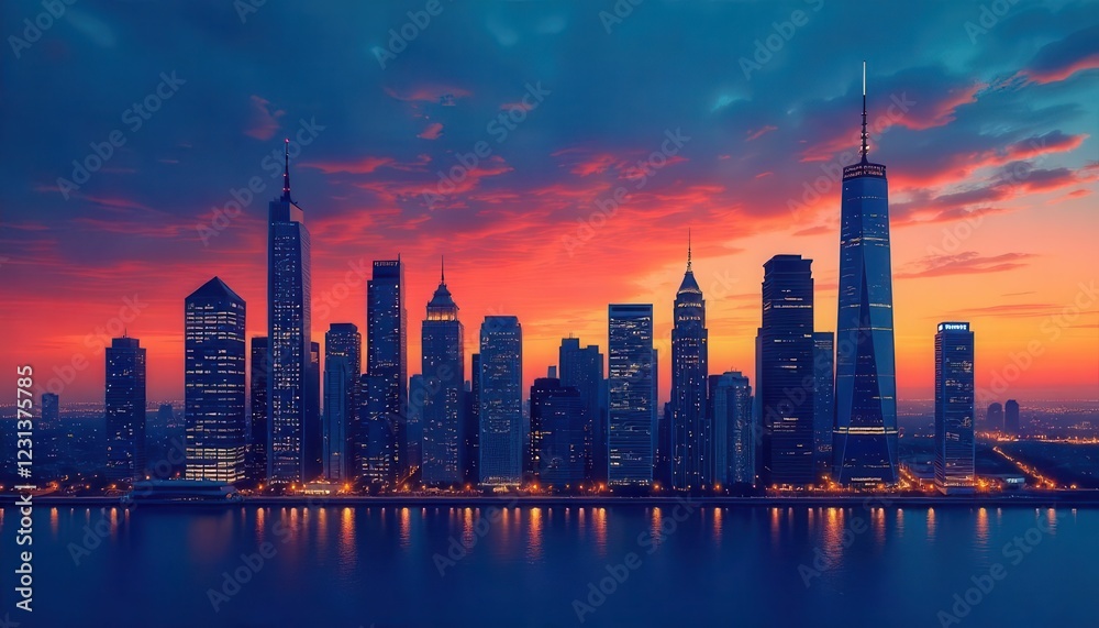 Obraz premium Sunset skyline view of new york city urban landscape vibrant night aerial perspective cityscape beauty
