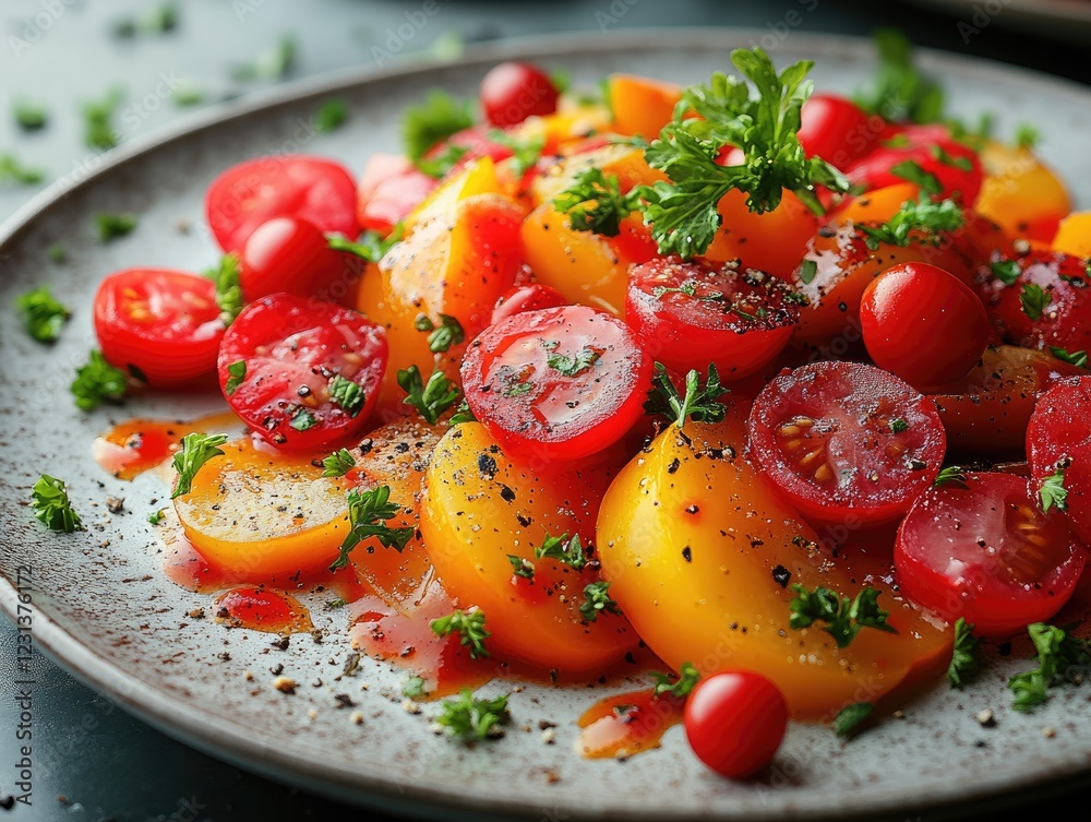 Fresh Colorful Tomato Salad with Herbs and Pepper on a Gray Plate Fresh Colorful Tomato Salad with Herbs and Pepper on a Gray Plate
