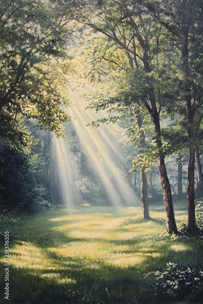 A painting of a forest with sunlight shining through the trees. The mood of the painting is peaceful and serene A painting of a forest with sunlight shining through the trees. The mood of the painting is peaceful and serene