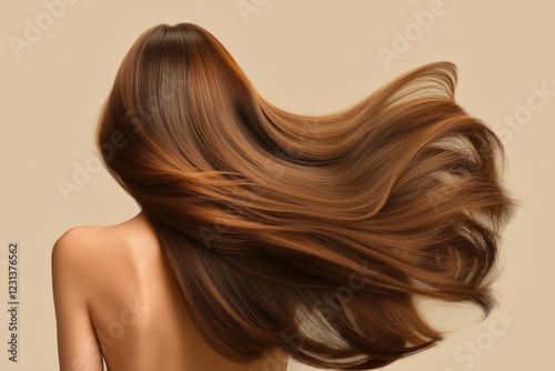 Thick long straight hair flowing to the side. Woman back view