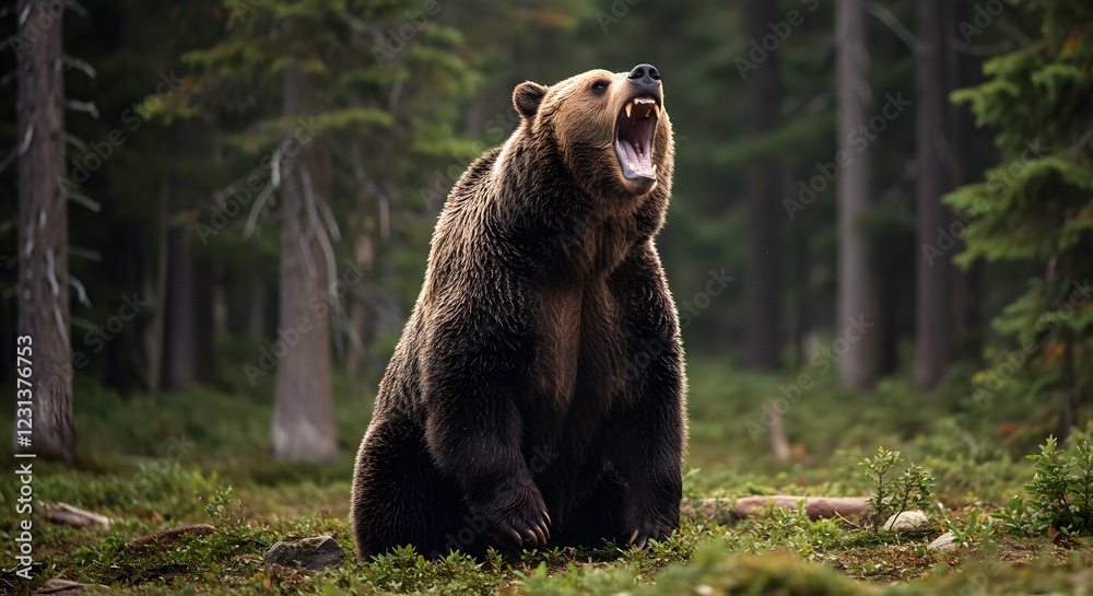 Obraz premium Roaring Grizzly Bear in Forest Wildlife Photography