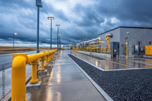 Industrial facility under a cloudy sky with yellow pipes and fresh rain on pavement
