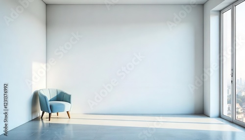 Minimalist living room design with blue chair modern apartment interior photography bright environment wide angle view