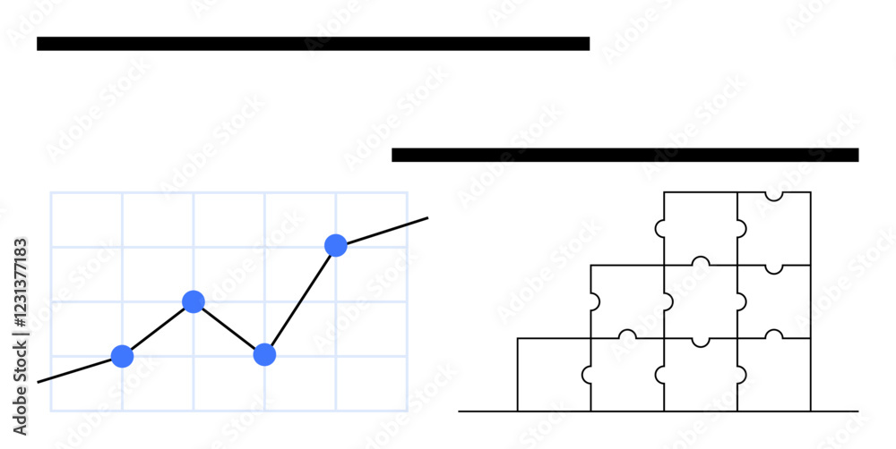 Line graph with upward trend and blue points beside stacked puzzle pieces symbolizing growth, problem-solving, and organization. Ideal for business, strategy, teamwork, success, workflow, data Line graph with upward trend and blue points beside stacked puzzle pieces symbolizing growth, problem-solving, and organization. Ideal for business, strategy, teamwork, success, workflow, data